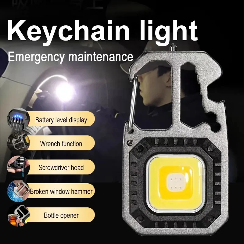 Keychain Work Light COB with Battery Display 8Mode Rechargeable High Lumens for Camping Hiking