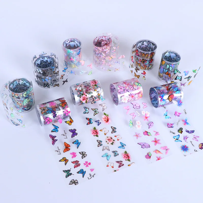 네일 홀로그램 전사 포일 스티커, 골드 슬라이더 랩, 접착지, 별이 빛나는 네일 데칼, DIY 장식 세트, 꽃, 박스 당 10 개