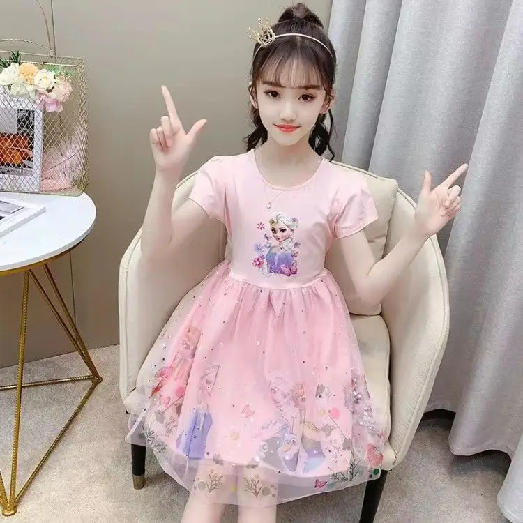 Mädchenkleid Cartoon Sommer Frozen Mode Kinder Elsa Prinzessin Baby Mädchen Kleinkind Kurzarm Niedliche Partykleider 3-9 Jahre