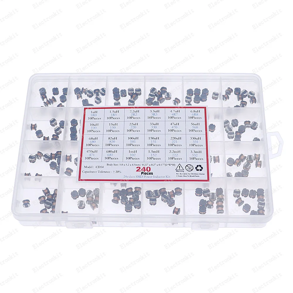 240pcs 24value CD54 SMD Power Inductance Box kit 2.2/3.3/4.7/6.8/10/22/33/47/68/100/220/330-680uH 1mH Wire Wound Inductance