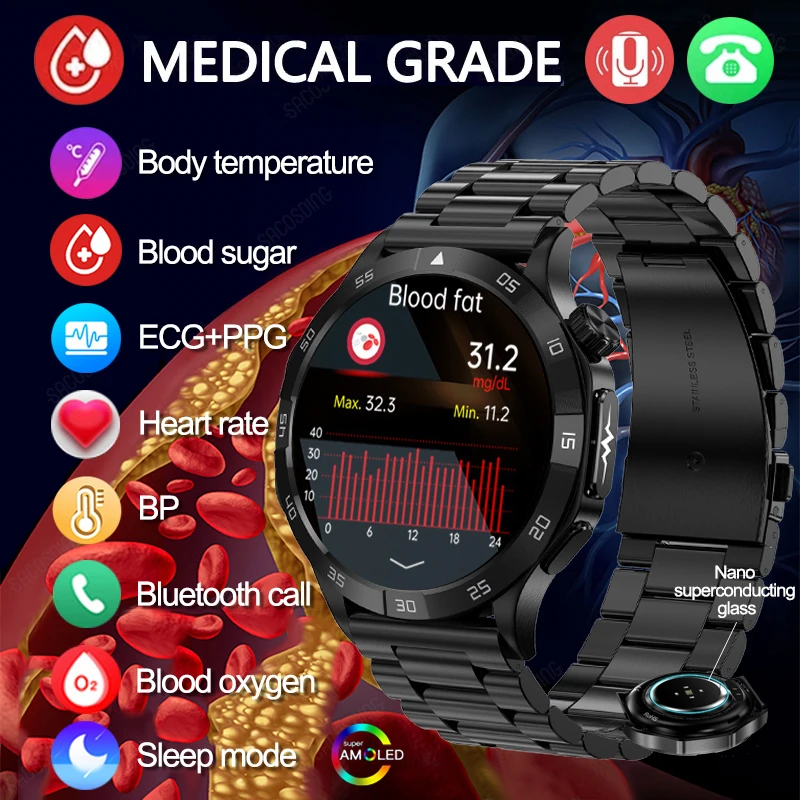 2024 New Blood Sugar Smart Watch Health Blood Lipid Monitor Dell'Acido Urico Orologio Sportivo Smart Ecg + Ppg Bluetooth Call Smartwatch Mens
