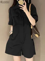 2024 ZANZEA Summer Cargo Jumpsuits Women Fashion Lapel Neck Short Sleeve Rompers Elegant Solid Loose Overalls Casual Playsuits - Image 3