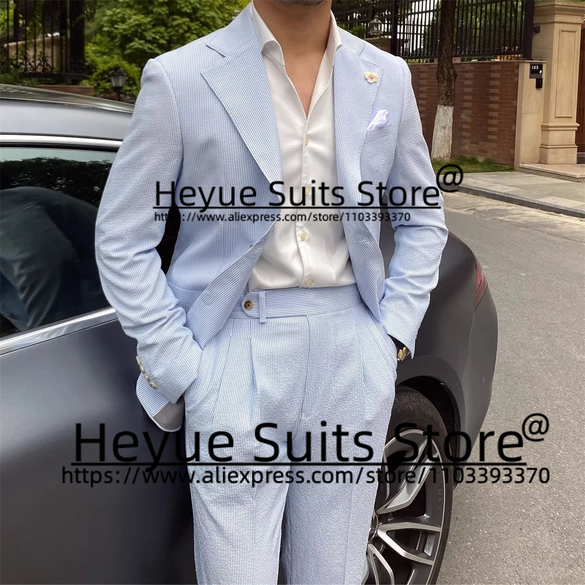 

Summer Casual Stripe Formal Men Suits Slim Fit Notched Lapel Groom Formal Tuxedos 2Pieces Sets Elegant Male Blazer Costume Homme