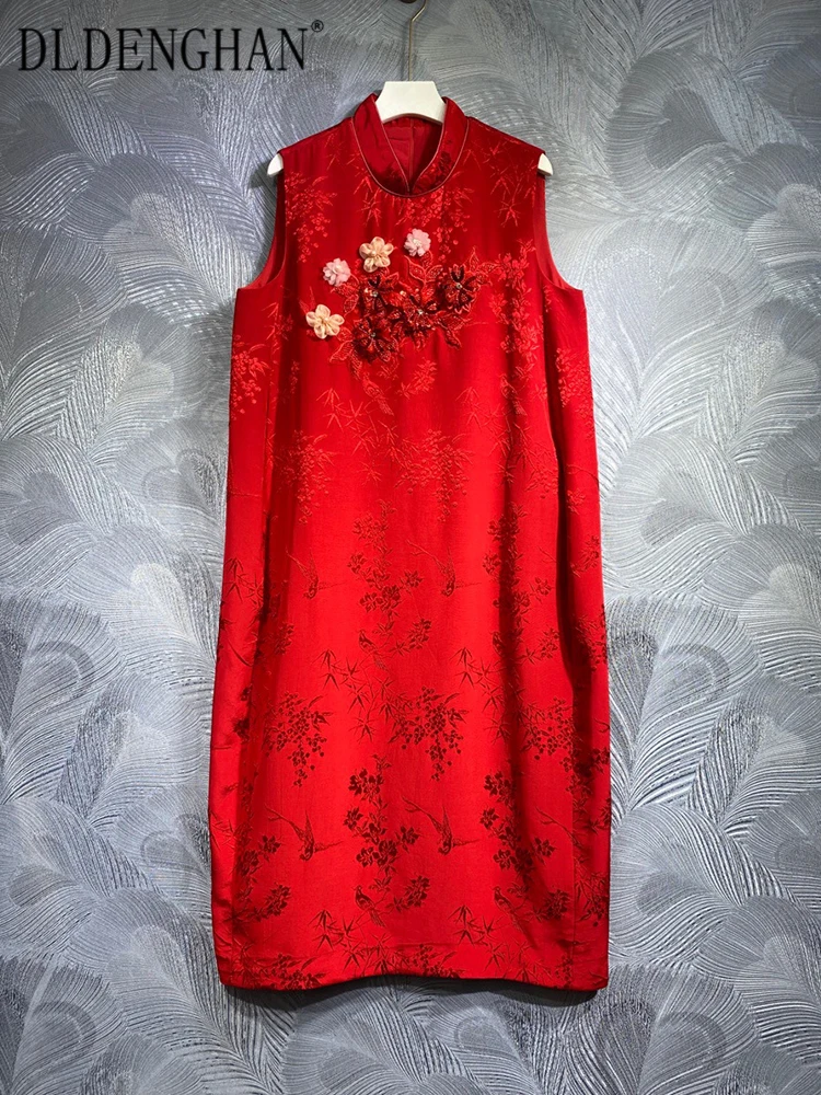 

Платье DLDENGHAN женское с воротником-стойкой, жаккардовое модное дизайнерское платье без рукавов с аппликацией из бисера в китайском стиле, весна-лето