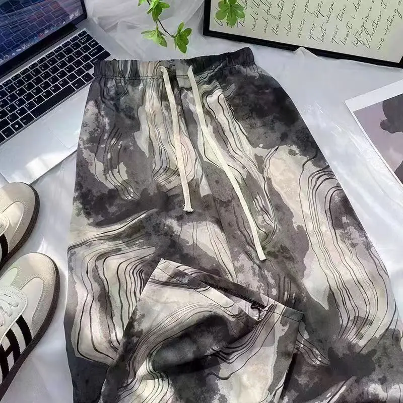 Ink Wash Painting Vertical Stripes Ice Shreds Women New Summer Multiple Styles Elastic Waist Loose Casual Affordable Trousers