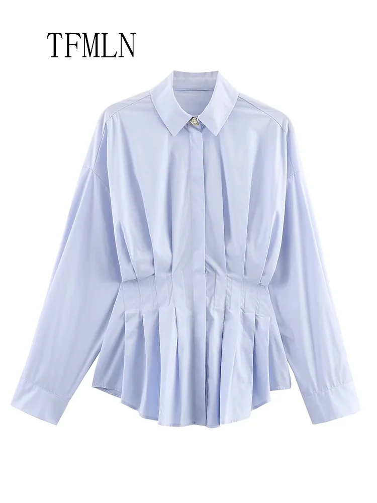 Office Ladies Solid Pleated Blouses 2026 Spring Summer Lapel Long Sleeve Folds Causal Shirts Simple Slim Single Breasted Tops