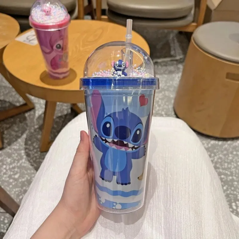 Disney Lilo & Stitch 450ML Angel Couple Water Cup Children Portable Plastic Double-layer Straw Kettle Bottle Birthday Gifts