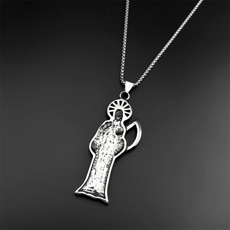 Collana Con Ciondolo Holy Saint Death In Acciaio Inossidabile Santa Muerte Grim Reaper Donna Uomo Gioielli Con Teschio Falce Vintage Color Argento - Foto 5