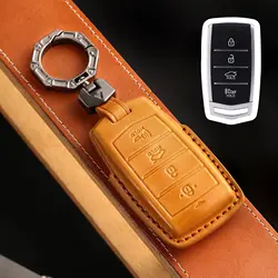 Premium Leather Car Key Case Cover with Keychain - 4 - Button Protection (Brown)