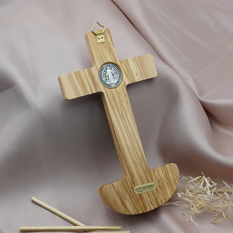Alloy Silver Plated Saint Benedict Cross Holy Pool Pendant 19cm Italian Christ Apostle Olive Wood Prayer Wall Hanging