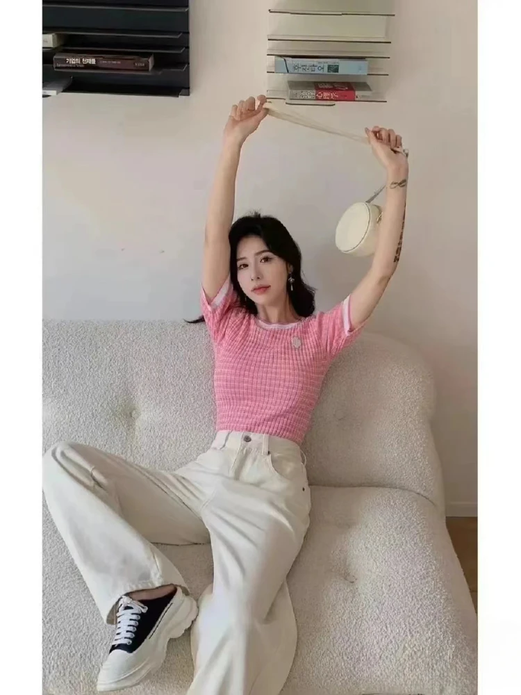 

Women 2024 Slim Striped Round Neck Pink Pullover Temperament Short Sleeves Fresh and Sweet Knitted Short Sleeves