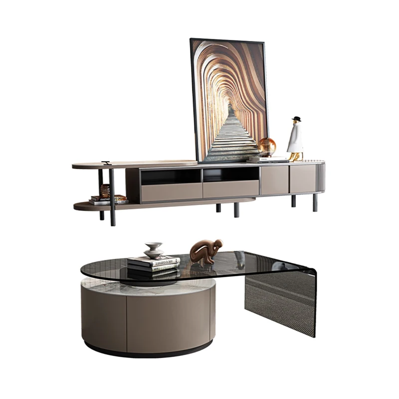 

Tea table cabinet customized.Modern Minimalist Rock Panel Glass Coffee Table Retractable Storage Tv Cabinet Combination