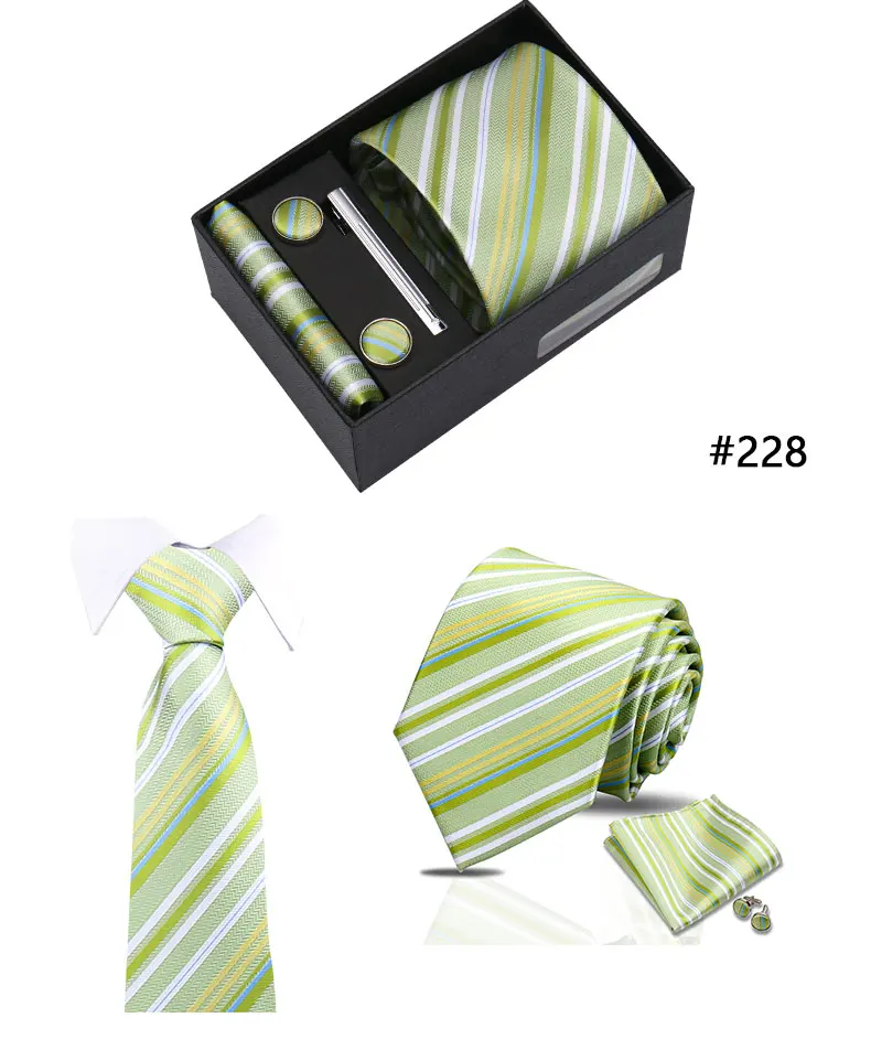 Top Quality Tie Set Gift Box Necktie Pocket Squares Cufflinks Tie-Clip Set With Black Box Men Birthday Gift Gravatas Accessories