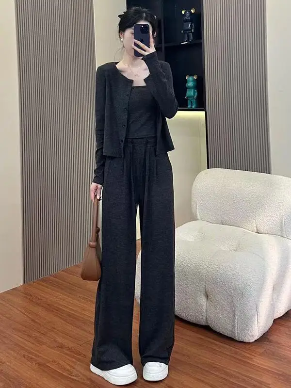 여성 스트랩 가디건 세트 고급 한국 스타일 가을 신상 패션 긴팔 스퀘어 칼라 슬림핏 3피스