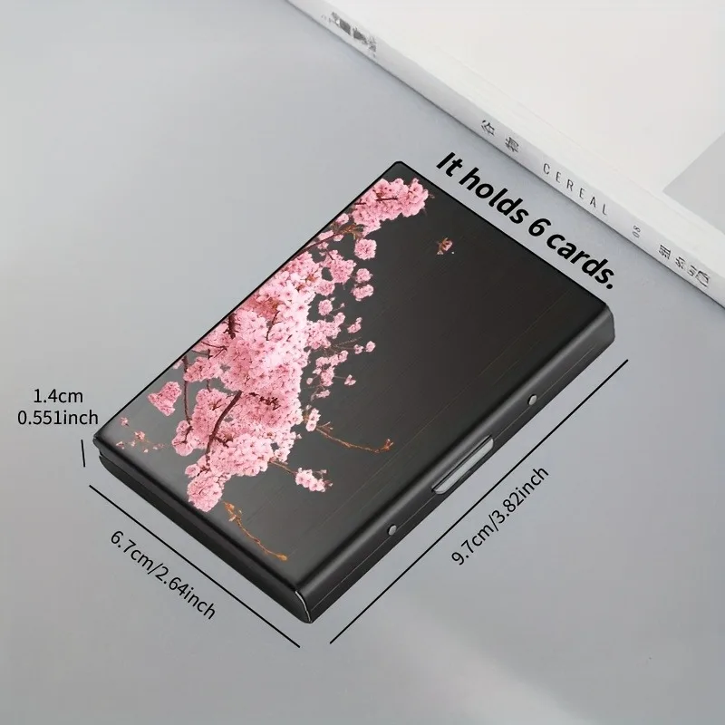 핑크색 벚꽃나무 가지 패턴의 RFID 도난방지 금속 카드 홀더, 남녀공용, 안전하고 세련된 카드 보관함
