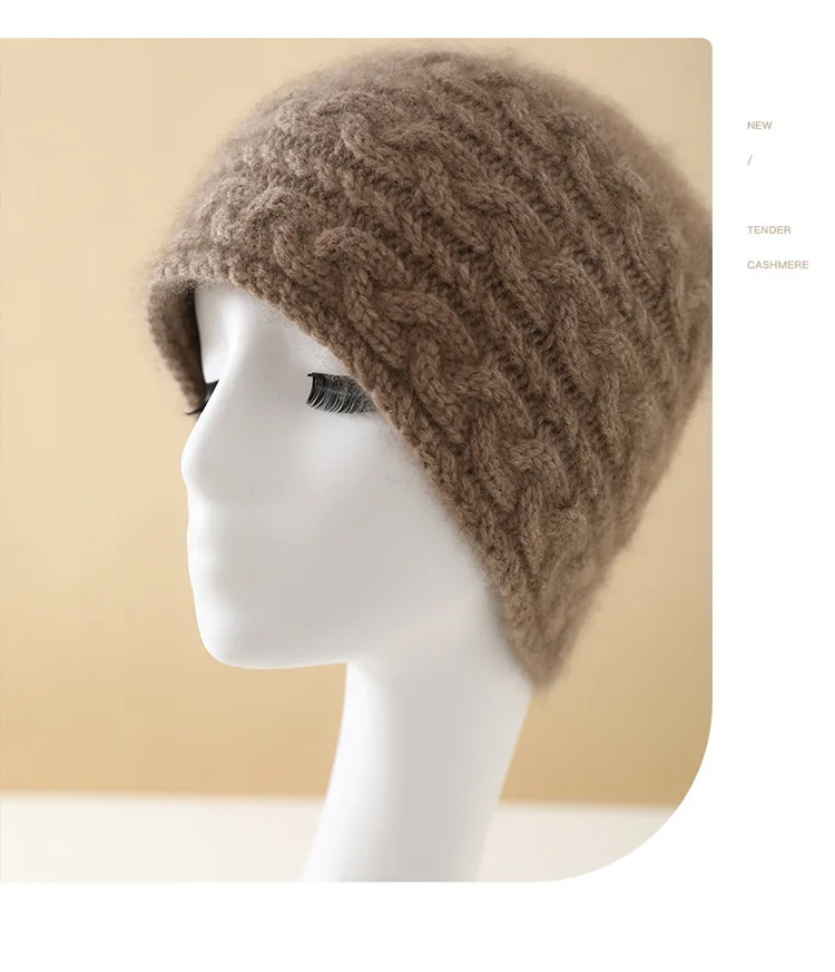 

High-Quality Soft Waxy Cashmere Wool Women's Solid Color Twisted Flower Hat Ear Warm Fashion Knitted Hat