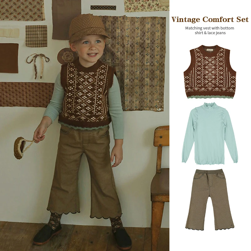 

Mother Kids Girls Niche Retro Autumn 2023 New Children's Clothes French Pastoral Style Jacquard Waistcoat Bottoms Pant 3PCS Suit