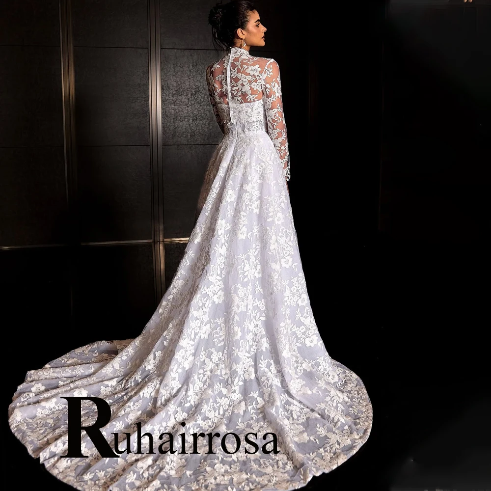 Ruhair Bohe Abiti da sposa a collo alto per la sposa Applicazioni in pizzo Corsetto A-line Piega Corte dei treni Abito Da Sposa Personalizzato - immagine 3