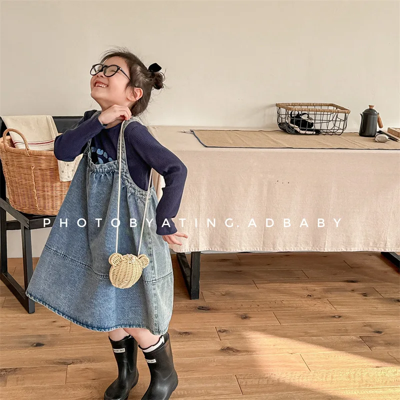 

2024 Spring New Children Sleeveless Casual Dress Baby Girls Fashion Denim Sling Dress Kids Versatile Strap Dress Toddler Clothes