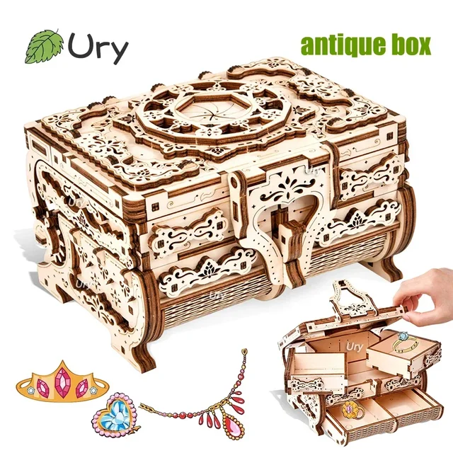 URY 3D Wooden Puzzle Antique Treasure Box Dressing Case DIY Game Advanced Assembly Model Toys Creative Gift for Lady Girls 1