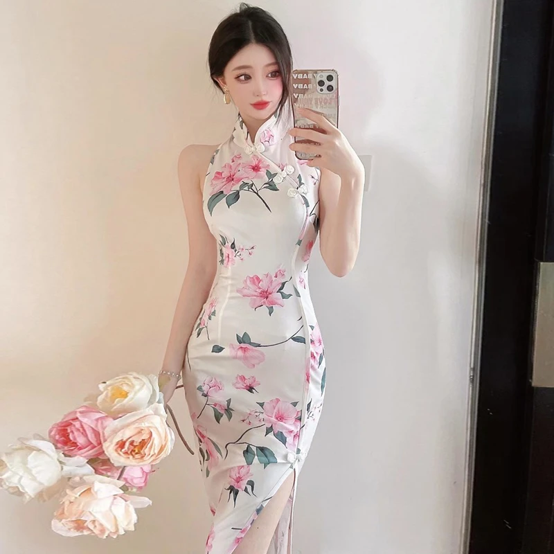 

2023 Elegant Printed Chinese Style Dress Sexy Anchor Qipao Skirt Retro Cheongsam Cosplay Party China Clothes Oriental Dresses