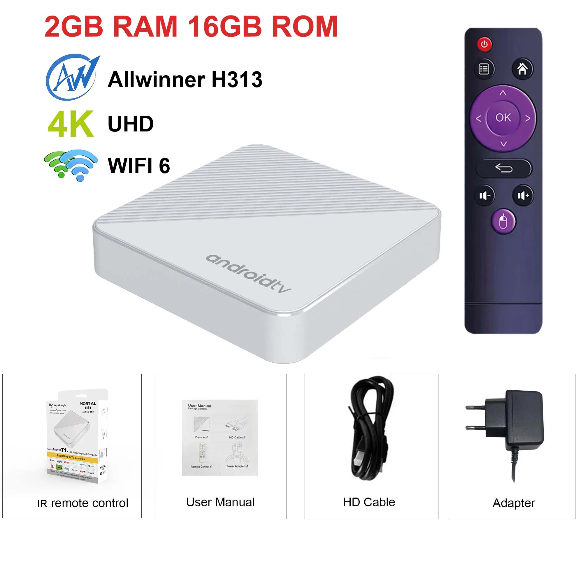 Android14 Розумний домашній кінотеатр TV Box T1S AllwinnerH313 Chip Чотирьохядерний Wi-Fi6 1000M Lan Bluetooth Chromecast Потоковий медіаплеєр