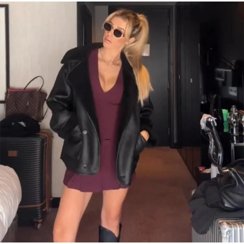 Description Picture 5 of itemZBZA Faux Fur Warm Thick Jacket Coat Lapel Single Breasted Double Pocket Retro Solid Casual Loose Outwear Fall Winter Chic Coat