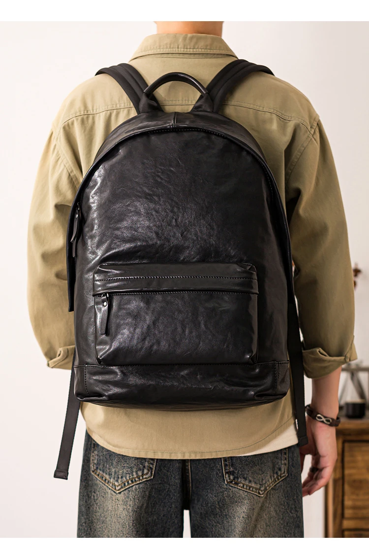 PNDME einfache lässige Luxus echtes Leder Herren große Kapazität Rucksäcke Outdoor-Reise Designer Rindsleder Laptop schwarze Tasche – Detail 6