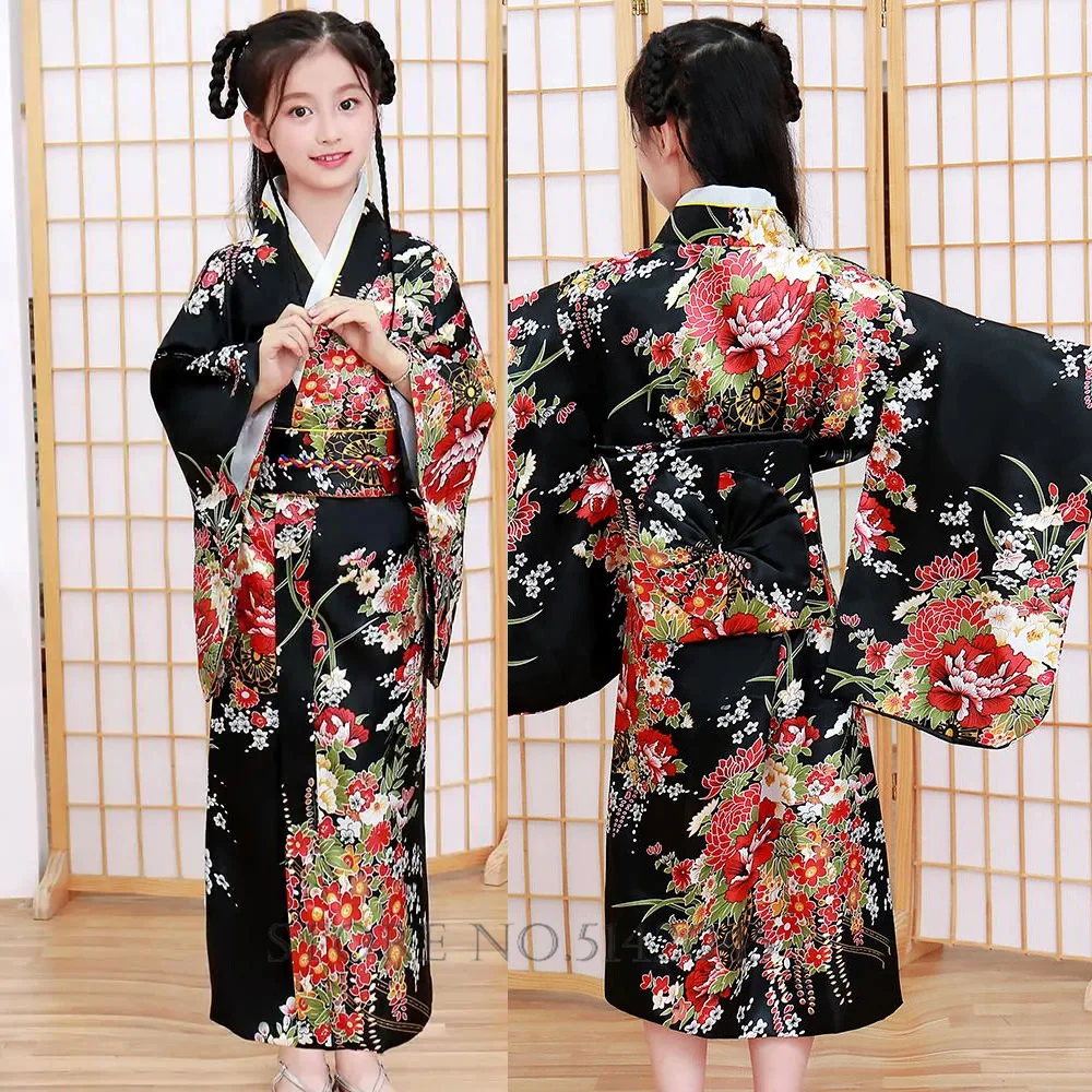 Japan Kimono Traditional Yukata Kids Girls Novelty National Dress Satin Luxury Oriental Bath Robe with Obi Performance Costume