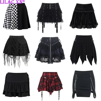 Goth Black Lace A-Line Mini Skirts for Women Y2K Vintage Bandage Lolita Summer Skirt Gothic Faldas Clothes 90s Streetwear