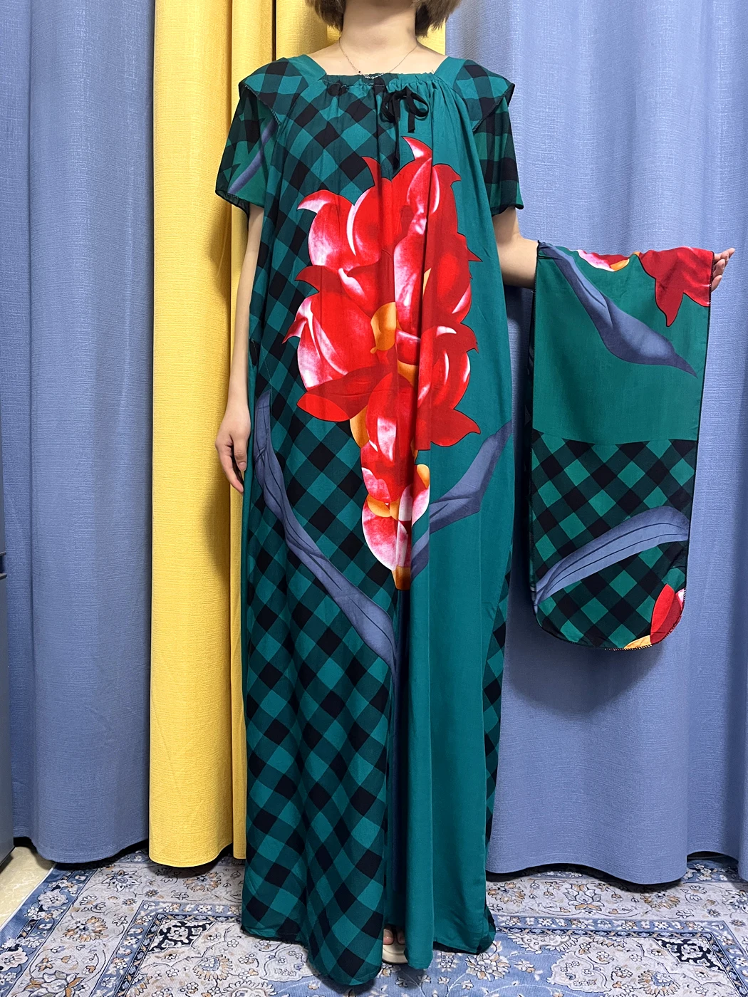 Abayas For Women 2023 Print Floral Cotton Boat Neck Short Sleves Jilbab Kaftan African Islamic Muslim Dresses With Headscarf