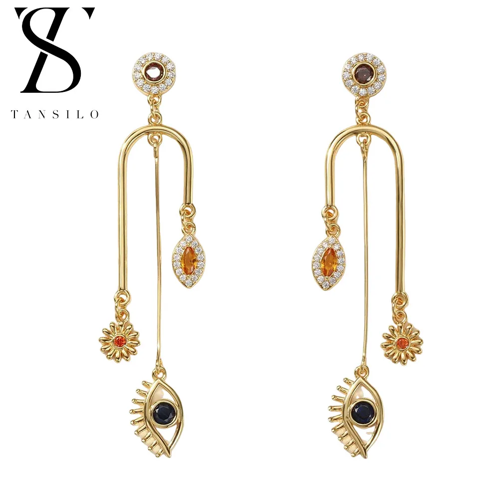 

Vintage Geometry Metal Flower Devil's Eye Pendant Long Earrings Women Luxury Rhinestone Dangle Earring 2024 Summer Party Jewelry