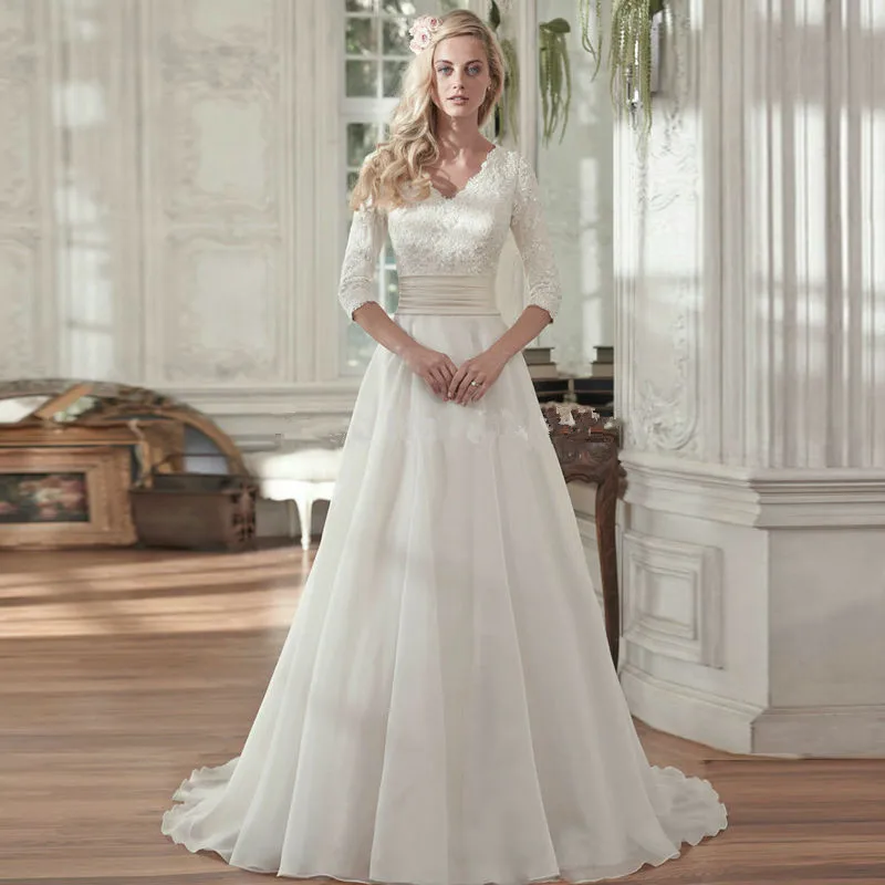 

Elegant Half Sleeves V neck Bridal Wedding Gowns 2016 A line Chiffon Wedding Dress with lace Appliques vestido de noiva