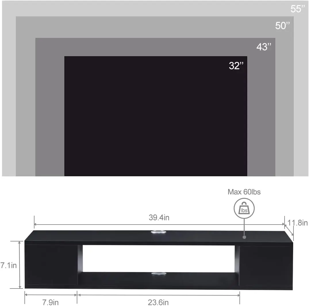 Floating TV Stand, Wall Mounted Entertainment Center and Cabinet Shelf, Console for DVD Player,for Bedroom, Living Room (Black) 2