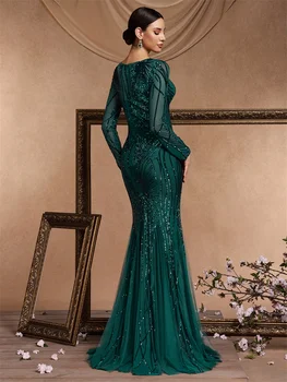 Lucyinlove Elegant Long Sleeves Sequin Tulle Evening Dresses 2024 Women Luxury Mermaid Formal Bridesmaid Party Maxi Prom Dress 2