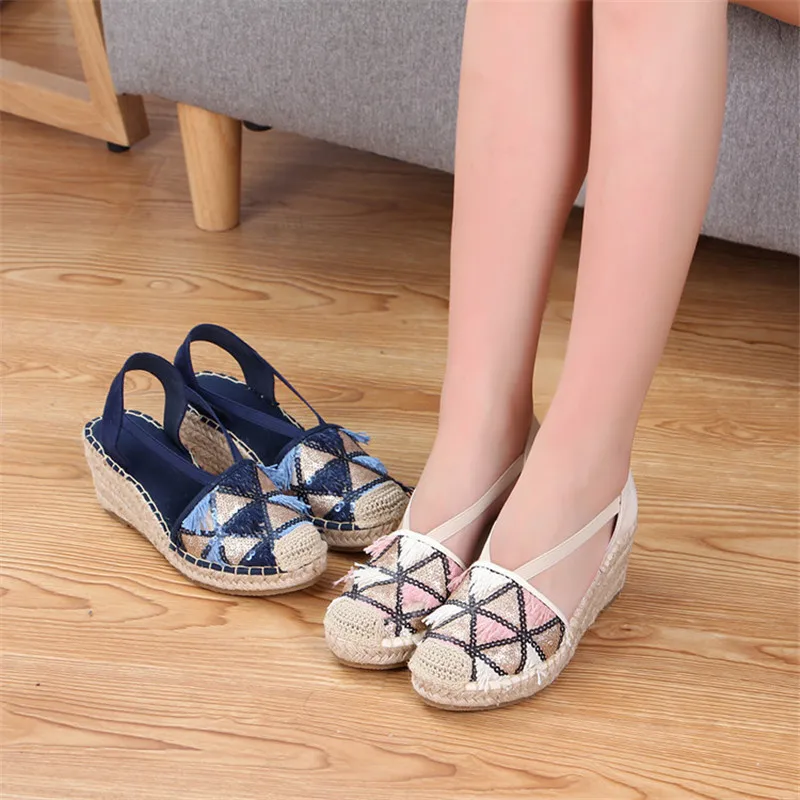 Sandalias de cuña para mujer, alpargatas de paja y lino, de con de lentejuelas, tacón alto, nuevas|Sandalias de mujer| - AliExpress