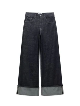 TRAF Women's New High-Waisted Jeans Slim High-Waisted Trailing Trousers Rolled Leg Loose Jeans Fashion Casual Wide-Leg Jeans 2