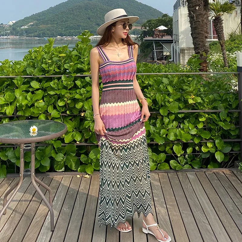 

2024 Summer New Korean Style Charm Sling Long Dress with Waist Wrapped Knitted Colored Large Swing Holiday Dress