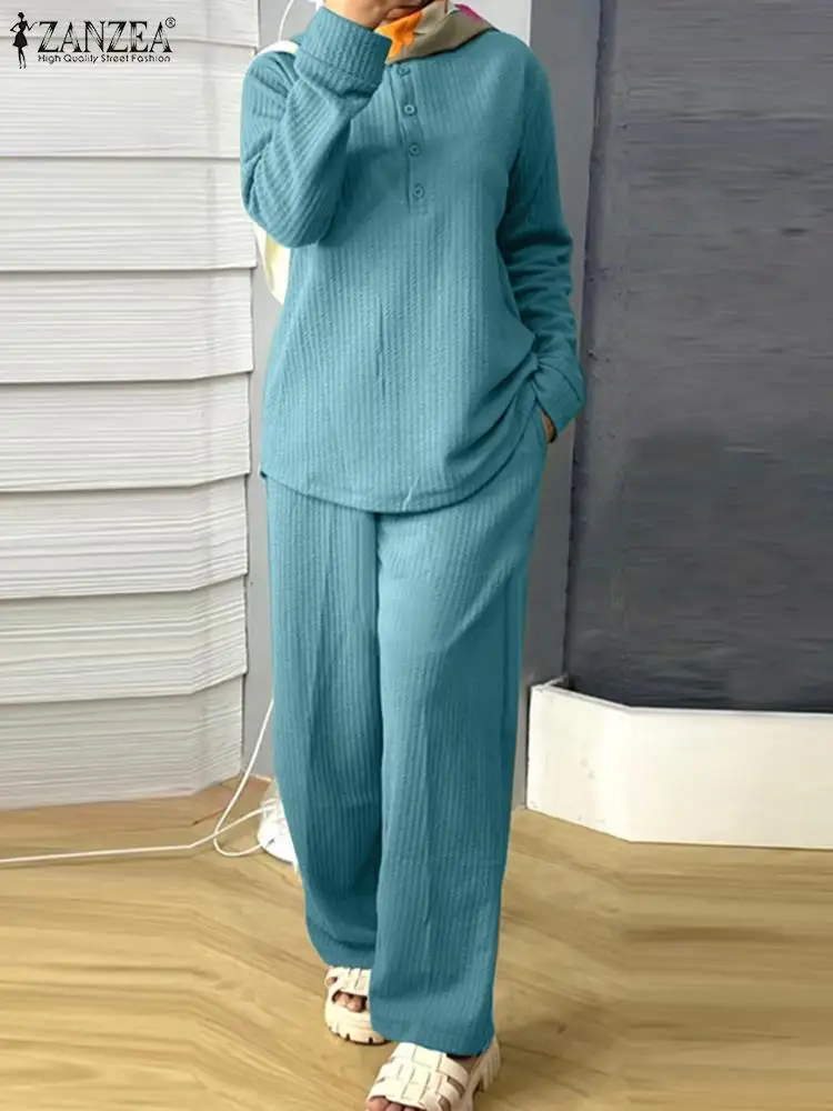 

Элегантные женские весенние подходящие комплекты, блузка с длинным рукавом и круглым вырезом и брюки с широкими штанинами, Необычные тренировочные костюмы из Турции