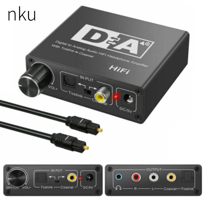 Nku Hifi DAC Amp Digital To Analog Audio Converter RCA 3.5mm Jack Headphone Amplifier with Toslink Optical Coaxial Input Output