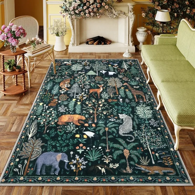 Fashion Retro Living Room Carpet Animal Floral Print Bedroom Rug Machine Washable Non-slip Coffee Table Floor Mat Tapis Alfombra