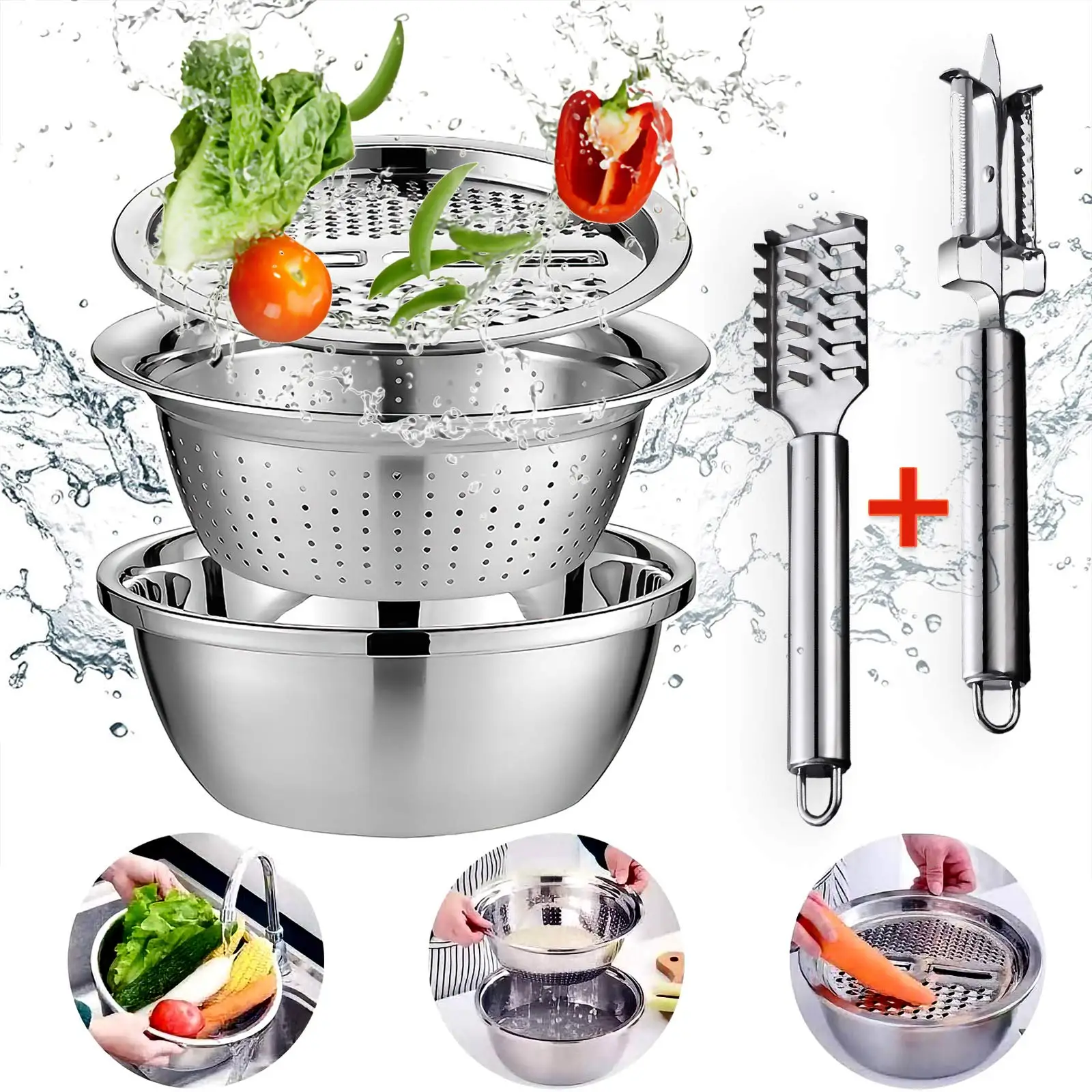 Stainless Steel Kitchen Colander Grater  Multifunctional Vegetable Slicer  Bowl - 3 1 - Aliexpress