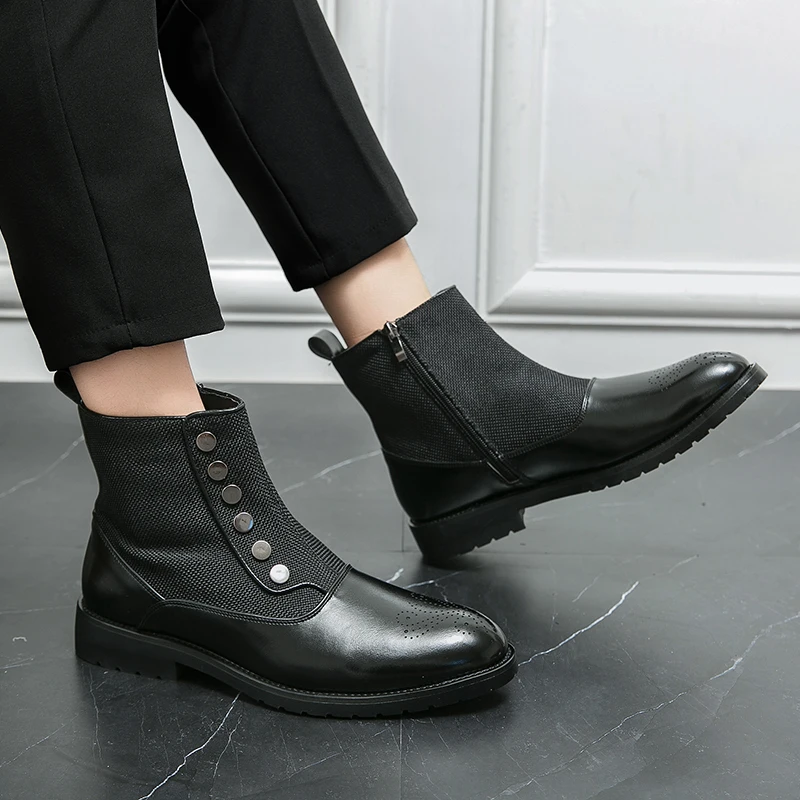 HKDQ Fashion Button Canvas Zip Men's Chelsea Boots High Quality Breathable Mens Leather Boots Comfortable High-top Shoes For Men