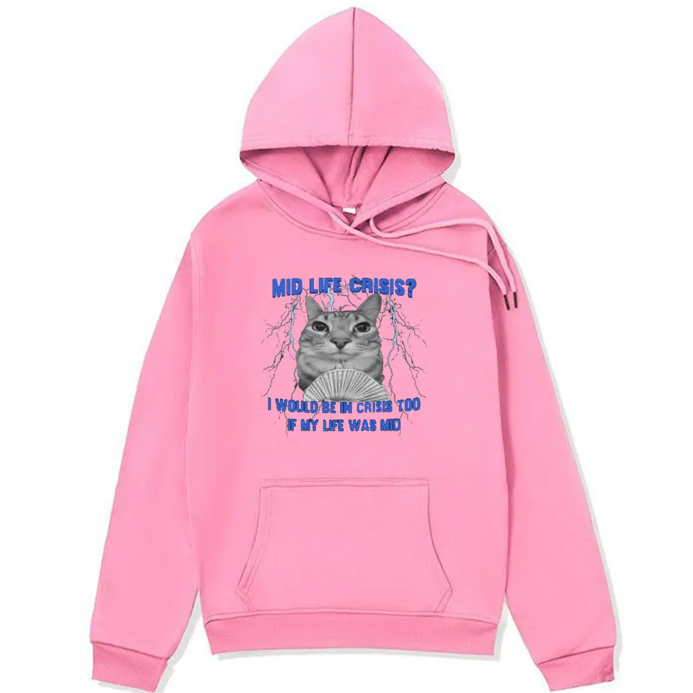 Mid Life Crisis Funny Cat in Motion Meme Graphic Print Hoodie Male Fashion Cute Oversized Pullover Sweatshirts Men Women Hoody