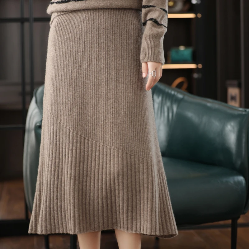 100 Pure Wool Half Skirt Knit Wrap Hip Solid Women's Medium Long High Waist Stripped Pleated Over Knee for Warmth Belly Covering autumn winter new knitted half skirt women s french versatile a line skirt large swing skirt medium long fur edge pleated skirt