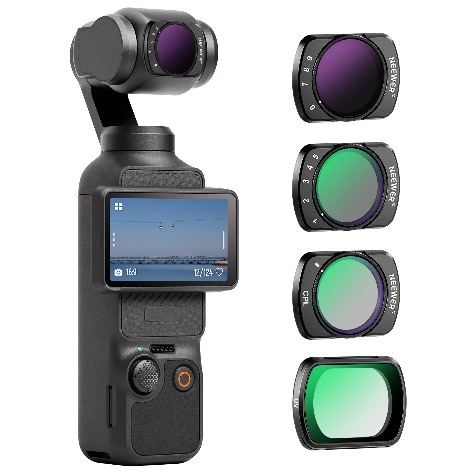 

NEEWER Магнитный переменный ND фильтр набор совместим с DJI OSMO Pocket 3, 4 упаковка UV CPL ND2-32(1-5 стоп) ND64-512(6-9 стоп)
