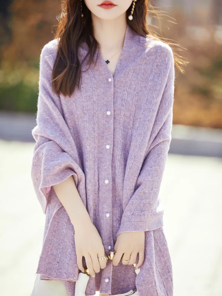 Women Cashmere Wrap Shawl Cardigan Autumn Winter Grace Basic 100% Merino Wool Knitwear Cable Knitting Cashmere Sweater Tops 4