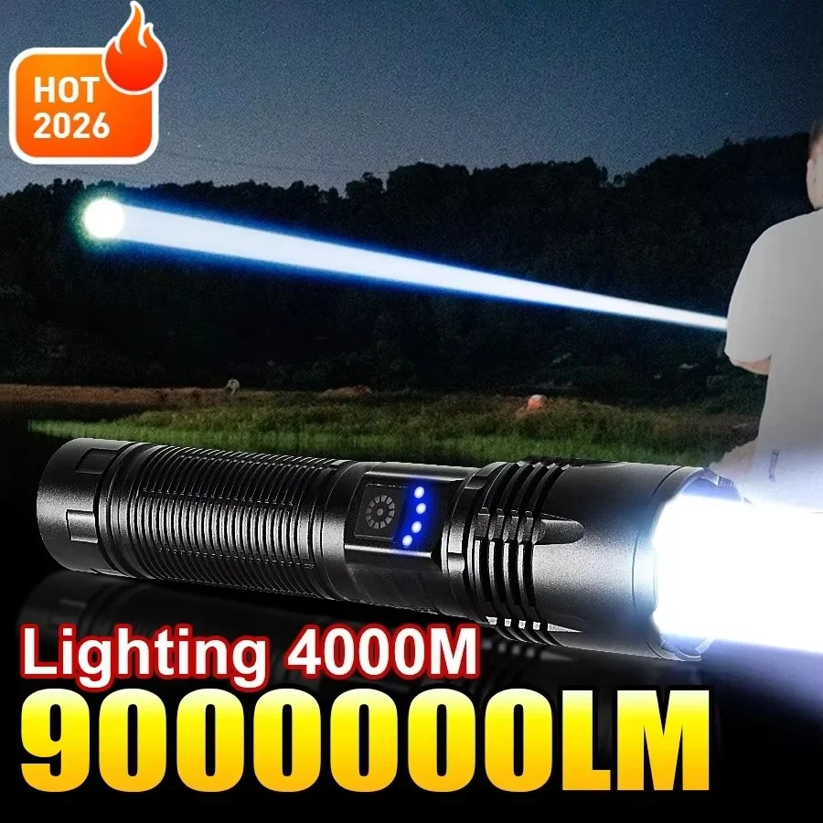 Lampe torche LED haute puissance 2026 9000000LM Lumière puissante Torche tactique Rechargeable Lampe portable Lanterne de camping d'urgence en plein air