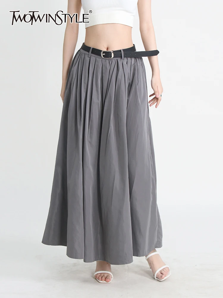

TWOTWINSTYLE Pleated Skirts For Women High Waist Patchwork Belt A Line Elegant Temperament Skirt Female Fashion Clothing 2023