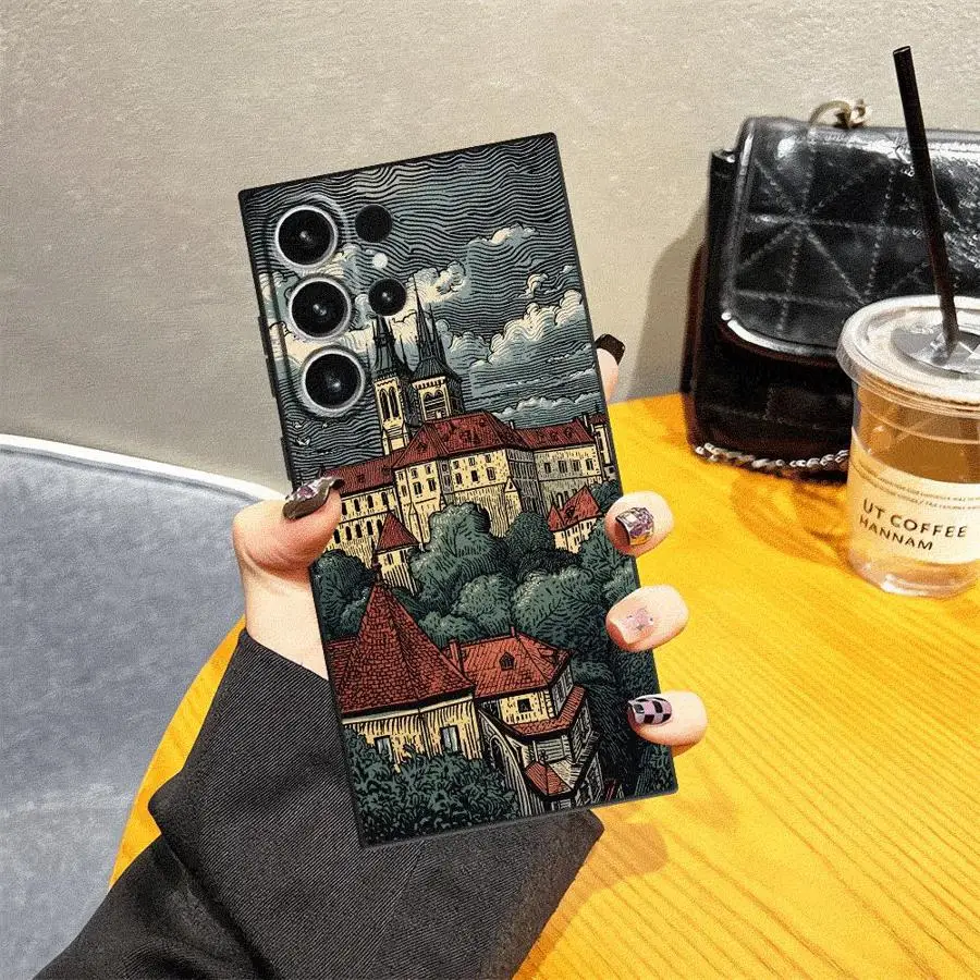 Black Soft Phone Cover Case with Vintage Castle Art Design